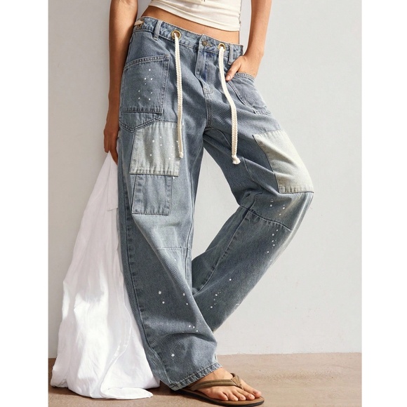 Medium Wash Speckled Color Block Wide leg Denim Jeans - Picture 2 of 6